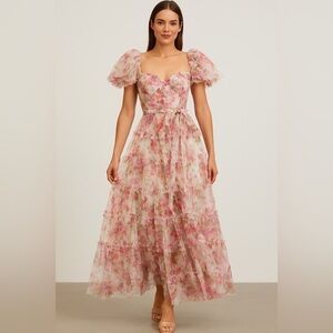 Dalia MacPhee, Pink Multi Floral Ruffle Mesh Gown, Size S | 0213